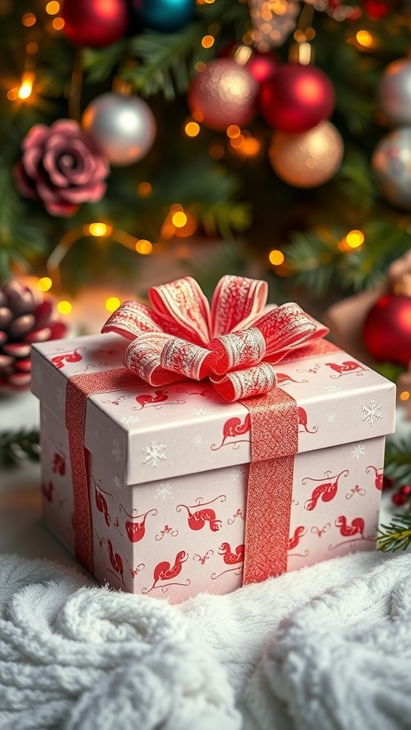 A decorated Christmas gift box with a bow, surrounded by holiday decorations.